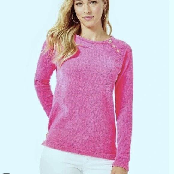 Lilly Pulitzer Pippin Pink Chenille Sweater Pullover Gold Buttons Womens XXS EUC - Picture 1 of 8